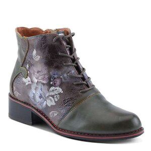 Olive Boot with Purple Floral Pattern